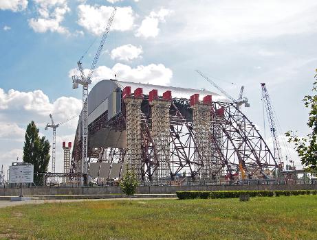 Sarcophagus under construction in Chernobyl Exclusion Zone