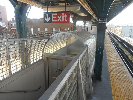 Seneca Avenue Subway Station (Myrtle Avenue Line):Modern glass and aluminum entrances on the platform of the Seneca Avenue rapid transit station on the BMT Myrtle Avenue Line in the Ridgewood section of Queens, New York City. Further details to come, hopefully.