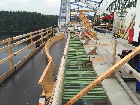 John Greenleaf Whittier Bridge:Wooden formwork is laid to outline the overlooks along the future Shared-Use Path at Span 4 on the new northbound bridge.