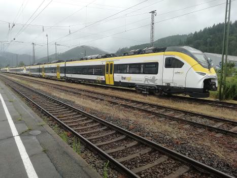 Ein Siemens Mireo in Hausach:Der Zug ist im baden-württembergischen Landesdesign bwegt Lackiert. Die Züge werden auf der Rheintalbahn zwischen Offenburg und Basel eingesetzt.