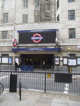 St James's Park tube station northern entrance on Petty France, located in the same building as London Underground headquarters on The Broadway.