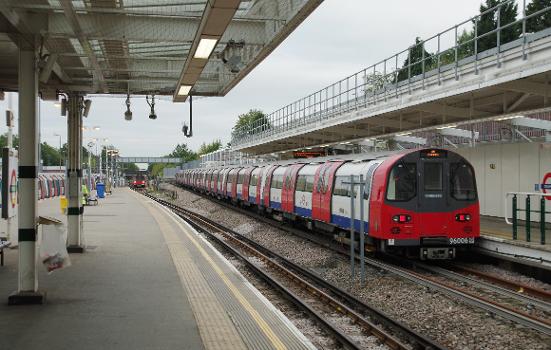 A Jubilee Line 1996 Stock train stand at Stanmore tube station.