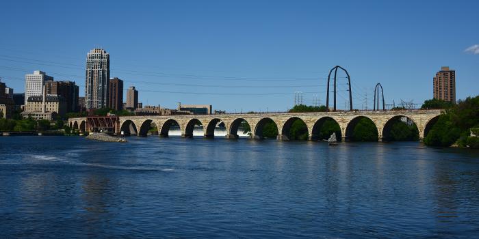 The Stone Arch Bridge as viewed from immediately downriver, in the reach between the Upper and Lower St. Anthony Falls dams