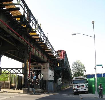 Looking northwest at eastern stair of Sutter Avenue (BMT Canarsie Line) station on a sunny afternoon in springtime