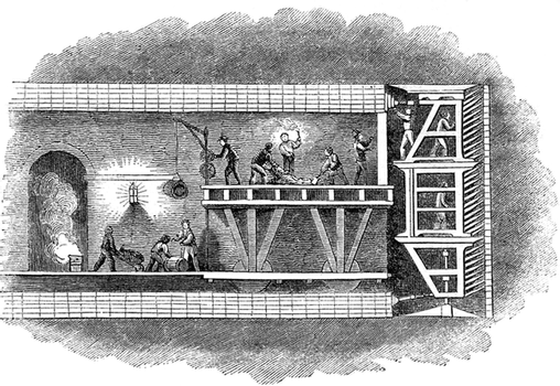 Diagram of the tunnelling shield used to construct the Thames Tunnel, London. Contemporary image (19th century), probably from the Illustrated London News