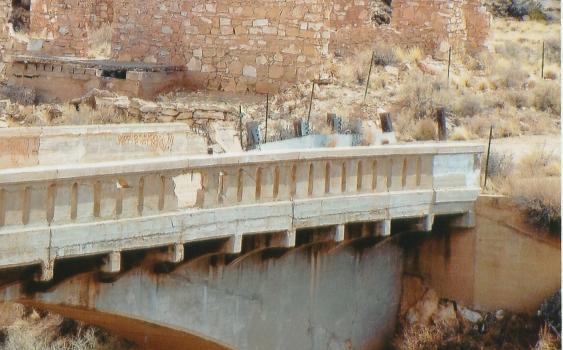 Deteriorating condition of the historic Canyon Diablo Bridge in Two Guns, Arizona