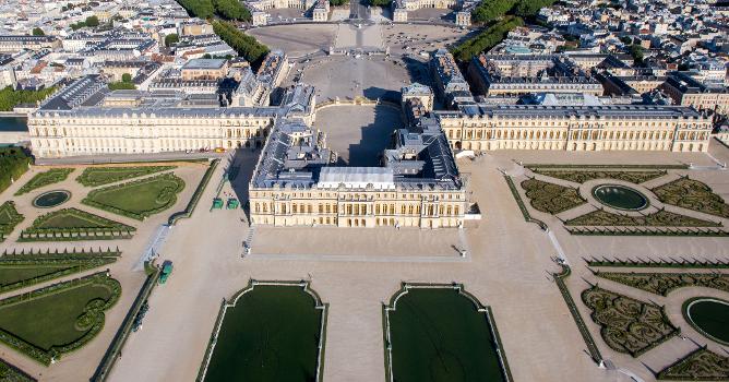Aerial view of the Palace of Versailles, France