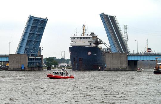 The Veterans Memorial Bridge, in Bay City, Michigan, opened for the freighter Algoway : It is a bascule bridge across the Saginaw River and was completed in 1957.