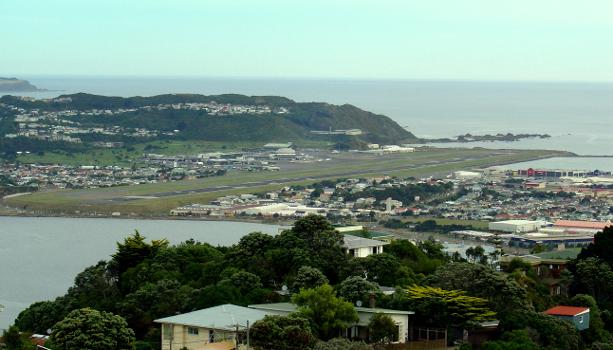 Oblique view of Wellington Airport from the summit of Mt Victoria. Wellington, New Zealand.