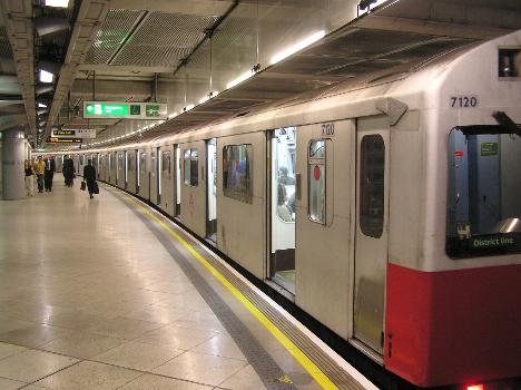 The District Line platform of Westminster tube station, London