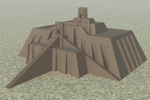 Reconstruction of the Ziggurat of Ur based on a 1939 drawing by Leonard Woolley, Ur Excavations, Volume V. The Ziggurat and its Surroundings, Figure 1.4