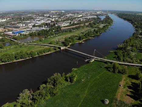 Aerial view of the Herrenkrugsteg pedestrian bridge in Magdeburg, Germany