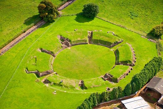 Aerial view of Caerleon Roman amphitheatre, Newport; looking South.