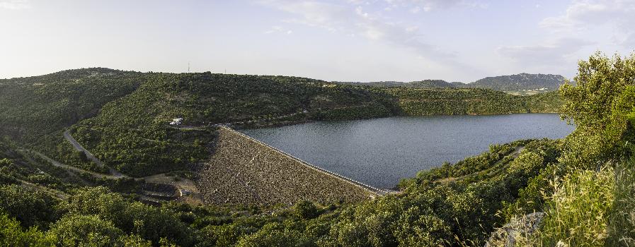 The downstream side of the Barrage du Salagou (Salagou Dam) and surroundings. Clermont-l'Hérault, Hérault, France