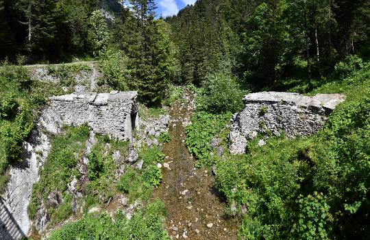 Barrage-écluse de la Joux Verte : L'ancien barrage-écluse de la Joux Verte, datant du XVIIe siècle, situé sur l'Eau Froide, rivière qui sépare les communes de Villeneuve (à gauche) et de Corbeyrier (à droite), dans le canton de Vaud, en Suisse.
