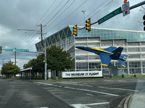 An outside view of the Museum Of Flight during overcast weather.