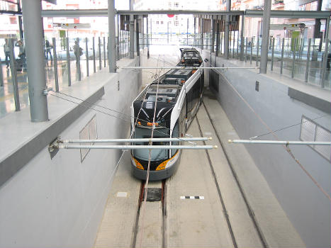 Bombardier Flexity Outlook Cityrunner in de Marítim-Serreria station in Valencia Spain, part of Metrovalencia system that combines metro and tram.