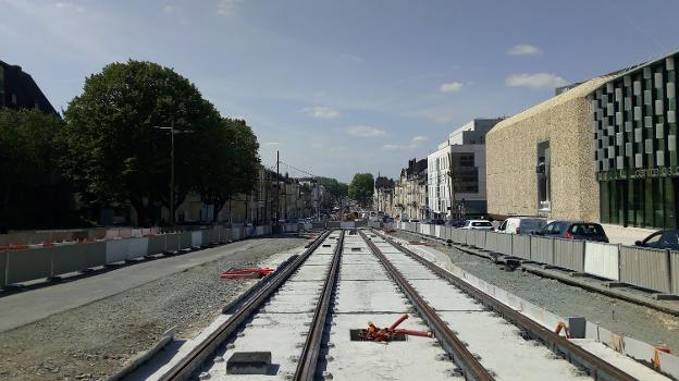 Boulevard Carnot lors de la construction de la ligne A/B du Tramway d'Angers
