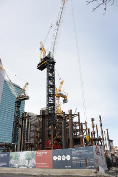 Construction site of the Bow skyscraper taken from 6th Ave Downtown Calgary