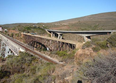Gourits River Bridges:The Gourits River's triple bridges near Albertinia, Western Cape. The middle bridge is the oldest and served as both road and rail bridge until the leftmost (northern) railway bridge was built in the 1950s. The rightmost (southern) bridge is the N2 highway bridge that was built in the 1970s. Today the unused middle bridge is a popular bungee jumping spot.
