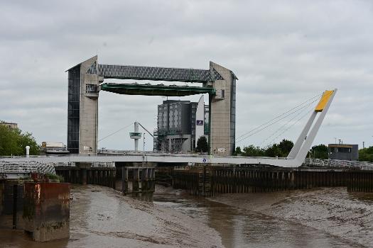 The Millennium Bridge, the Myton Bridge, the Hull Tidal Barrier and Hull's Premier Inn at the mouth of the River Hull in Kingston upon Hull.