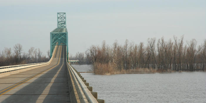 The cantilever bridge carrying U.S. Highways and across the from south of to , seen from the north end of the bridge while it was closed to traffic due to rising water levels in the spring of 2011