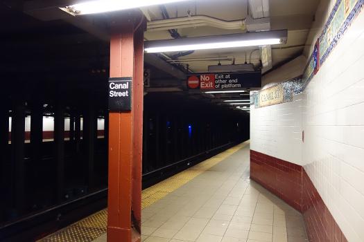 The Downtown local platform of the Canal Street BMT Broadway Line station, under Canal Street and Broadway in Chinatown, Lower East Side, Manhattan.