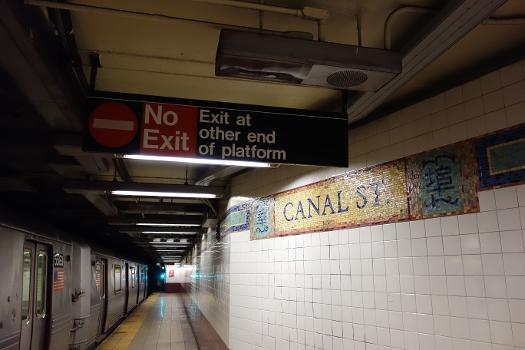 The Downtown local platform of the Canal Street BMT Broadway Line station, under Canal Street and Broadway in Chinatown, Lower East Side, Manhattan.