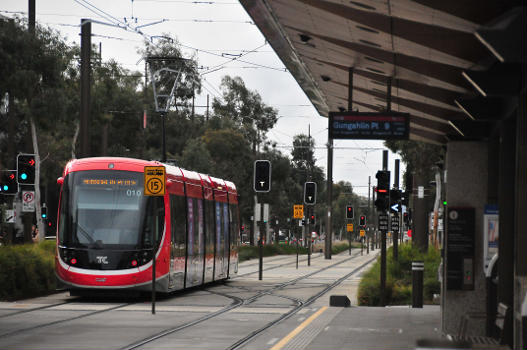 Canberra light rail stage 1 featuring a CAF Urbos 3 vehicle or tram at Alinga Street terminus in Civic