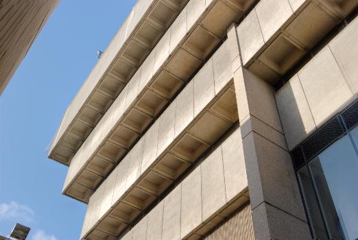 The south corner concrete facade of Central Library in Birmingham, England:Designed by John Madin and completed in 1973.