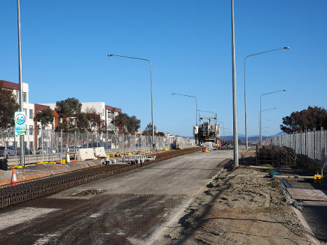 The centre of Flemington Road, Franklin with light rail works underway