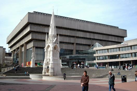 Chamberlain Square in Birmingham:The Chamberlain Memorial is in the centre, with the former Birmingham Central Library and Paradise Forum behind it.
