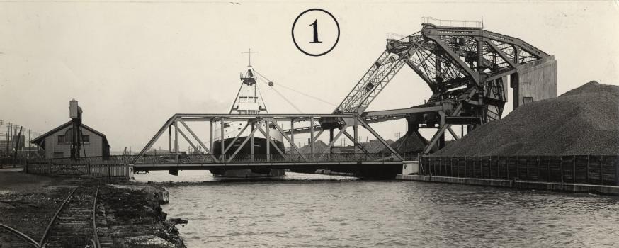Cherry Street bridge over ship channel in 1930 : Reproduced in Toronto Board of Harbour Commissioners annual report, 1930, p.8. (TEC 690B.01W). Toronto, Ontario, Canada.