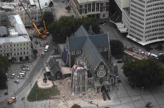 Damage to Christ Church Cathedral in Christchurch CBD Image from Royal New Zealand Air Force P-3K Orion that conducted aerial surveillance of areas affected in Christchurch earthquake on 22 February 2011. 20110223_OH_H1013410_0002
