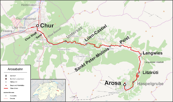Karte der Arosabahn in der Schweiz