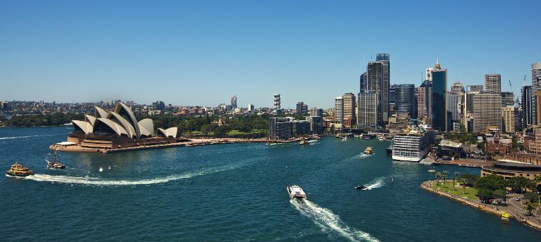 Circular Quay : Panoramic style wide angle view of Circular Quay from Sydney Harbour Bridge showing clearly the major features.