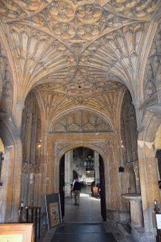 Cirencester Church (St. John the Baptist), Gloucestershire:A particularly fine Cotswolds 'wool' church of the 15th - 16th Century Perpendicular era (1440-1530) which was restored in 1865-67 by Sir George Gilbert Scott. Pictured is the fan vaulting of the porch (1490-1500).