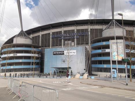 The side elevation of the Colin Bell Stand at The City of Manchester Stadium, Manchester, England