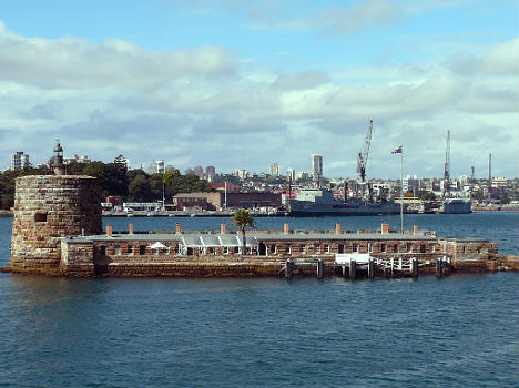 Fort Denison in Sydney Harbour with the naval dockyards of Garden Island in the background:Fort Denison, also known as Pinchgut, was constructed on the site of a small island (known as Mat-te-wan-ye to the loacal aboriginal population) in 1857 as a defence against possible attack from France and America. Prior to this it had also been used as a place of confinement for convicts as punishment for offences.