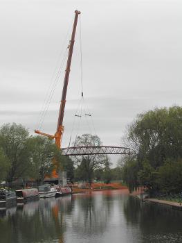 New Cutter Ferry bridge in Cambridge (UK) being assembled : The bridge is being replaced after a long absence, when the previous bridge was deemed structurally unsafe and closed. It will reopen an important walking and cycling link across the river Cam in the city centre.