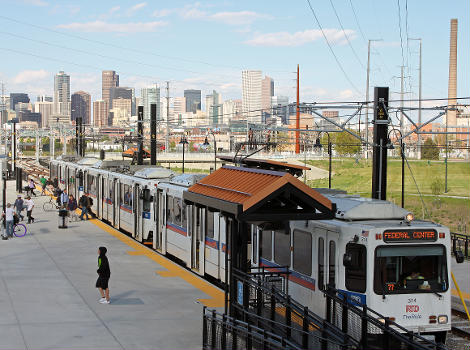 The Decatur/Federal RTD light rail station. The station's address is 1310 North Federal Boulevard, Denver, Colorado.