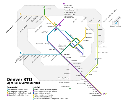 Map of the Denver RTD Rail System (Light and Commuter Rail combined)