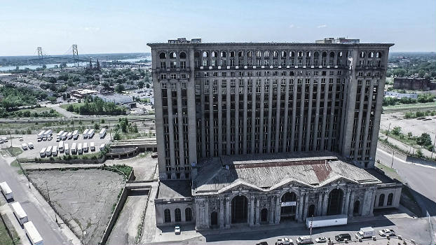 Michigan Central Station with the windows half done.