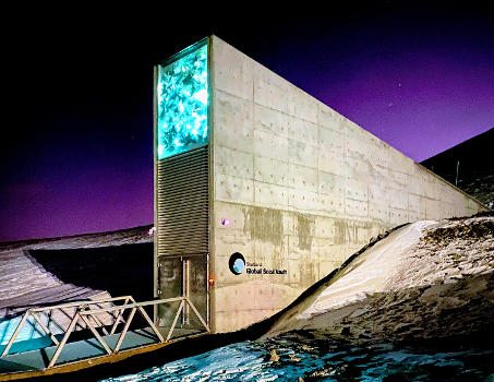 Entrance to the Seed Vault during Polar Night, highlighting its illuminated artwork
