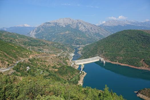 The Fierza dam above Lake Koman, looking north-west towards Fierza village and the mountains Maja and Mërturit