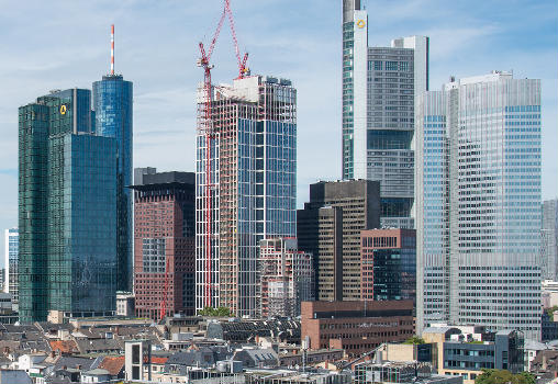 Frankfurt am Main, Taunusturm towers with their close neighbours in the central bank district.