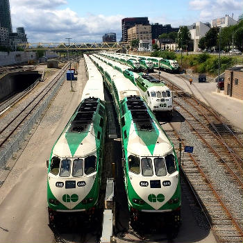 A gaggle of GO's waiting for the evening rush to begin. At North Bathurst Yard west of Union Station in Toronto.