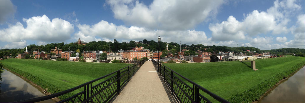 The skyline of downtown Galena, Illinois, United States, from the footbridge above Galena River.