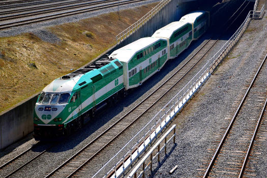 GO Train eastbound out of the underpass heading for Union Station in Toronto