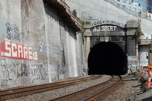 View of the Great Northern Tunnel North Portal near Alaskan Way and Pine St in downtown Seattle.